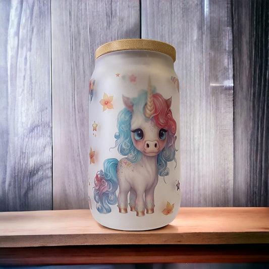 Frosted Glass Tumbler - Big Eyed Unicorn