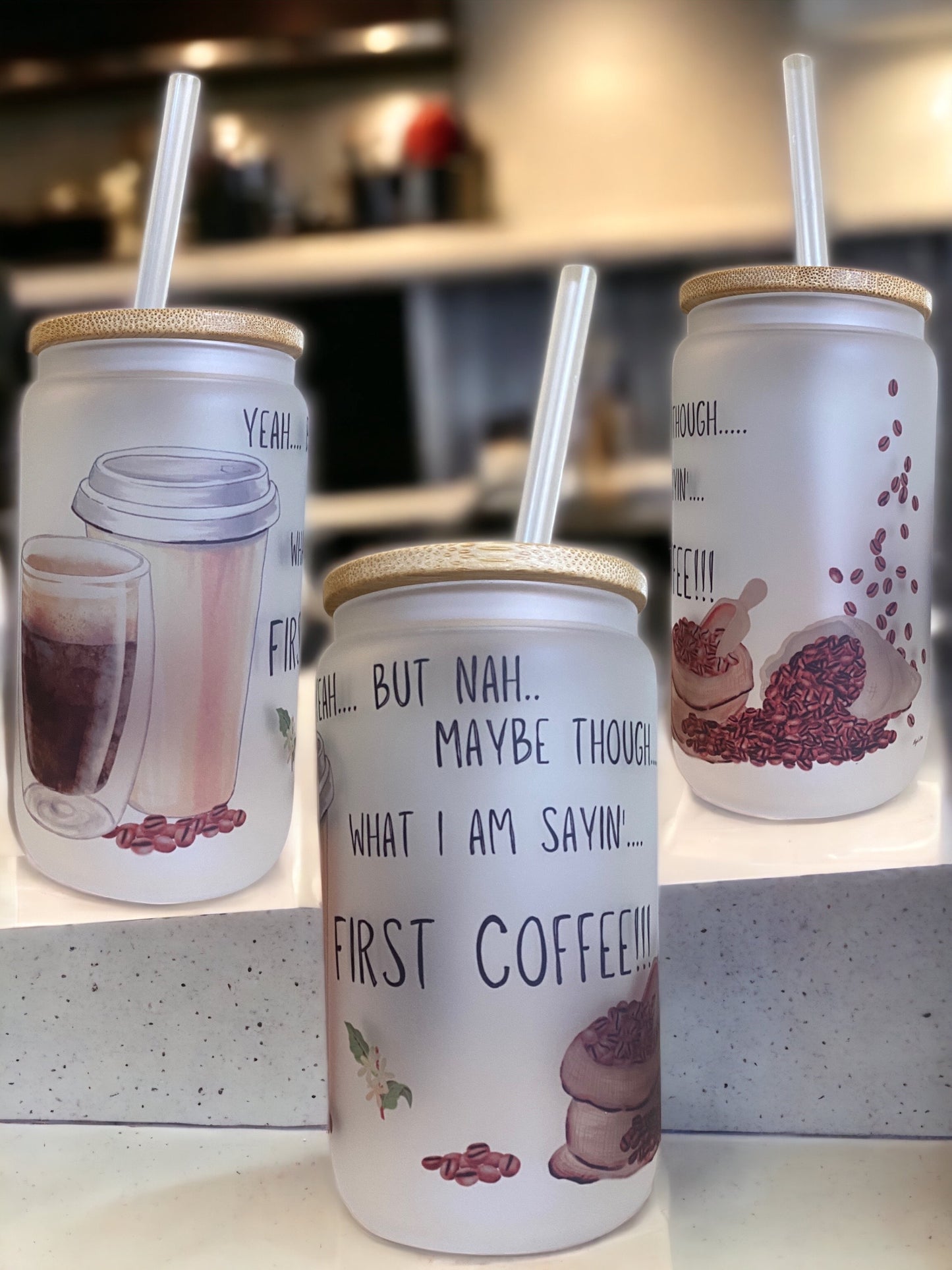 Frosted Glass Tumbler - First Coffee